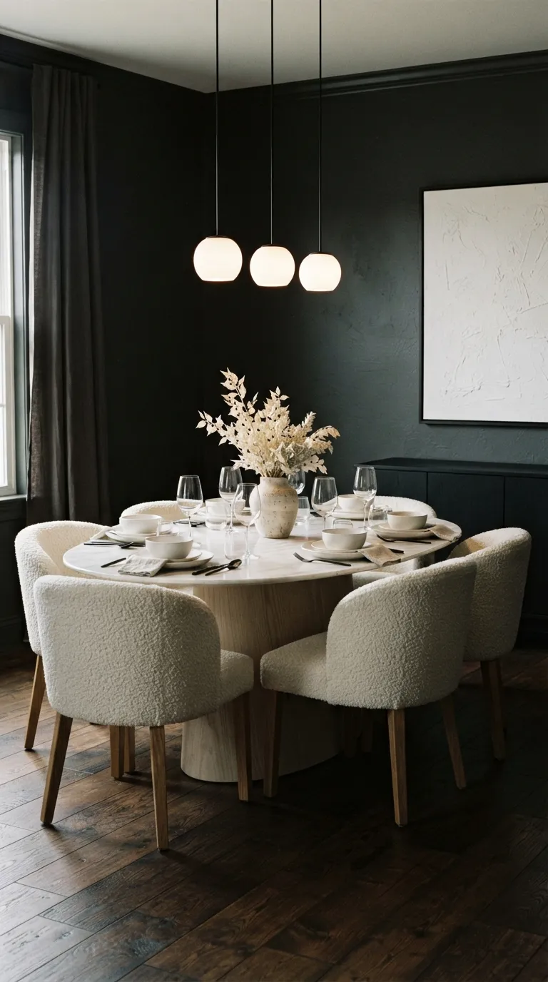 black and white dining room decor Moody Dining Room With White Lighting
