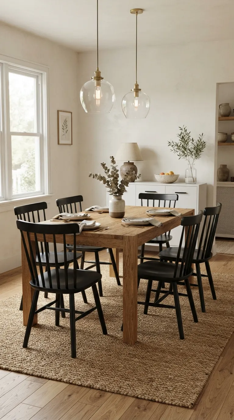 black and white dining room decor Warm Wood and Black Chairs