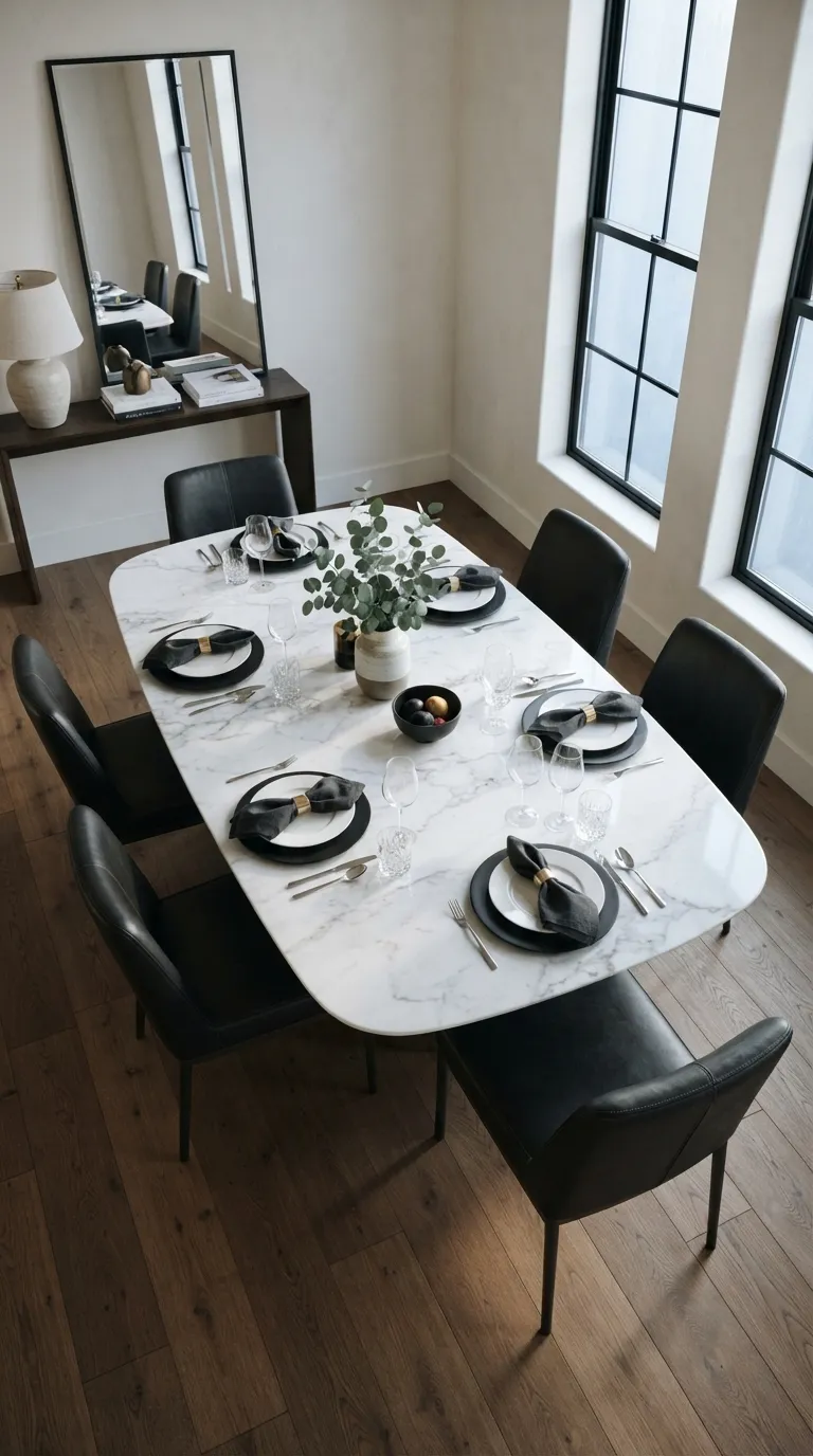 black and white dining room decor White Marble Dining Table