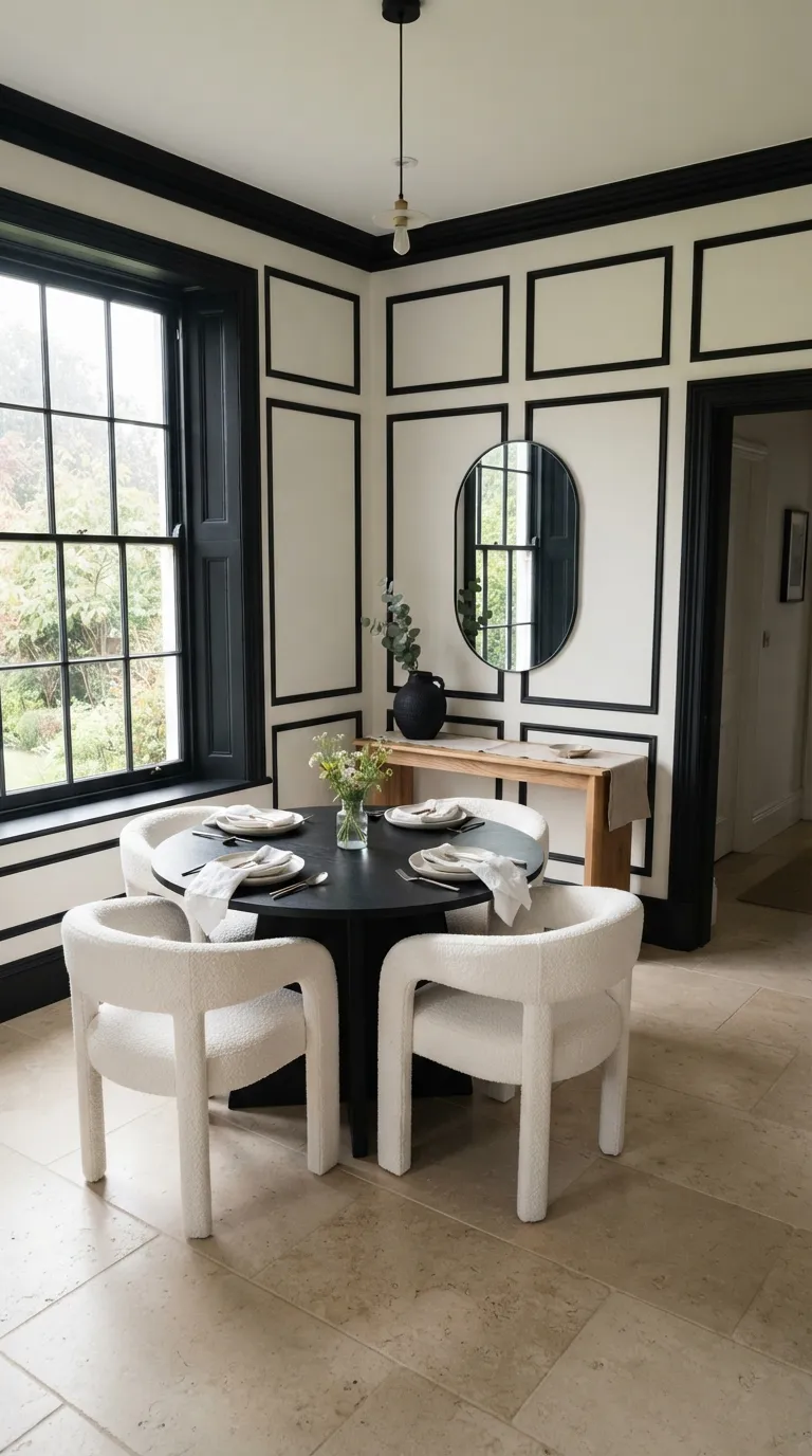black and white dining room decor White Walls With Bold Black Trim