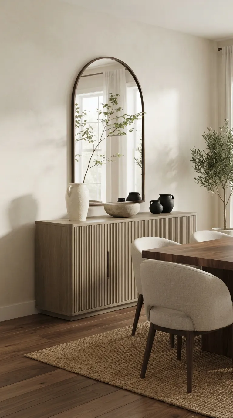 dining room buffet decor ideas Arched Mirror And Pottery