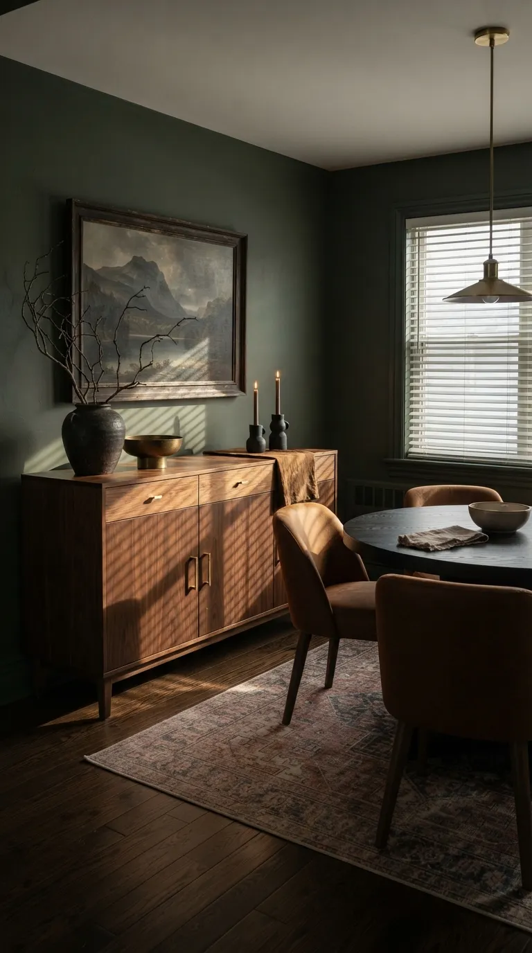 dining room buffet decor ideas Moody Wood Tones