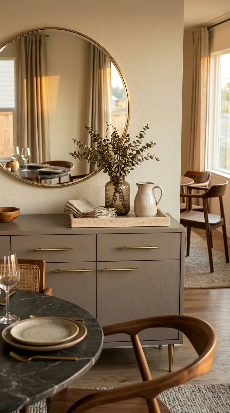 dining room cabinet decor Brass Hardware and Warm Neutrals