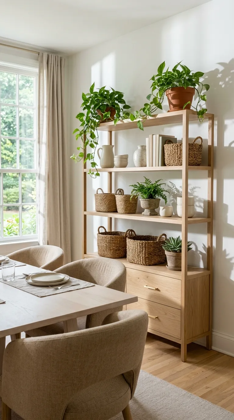 dining room cabinet decor Open Shelves With Greenery