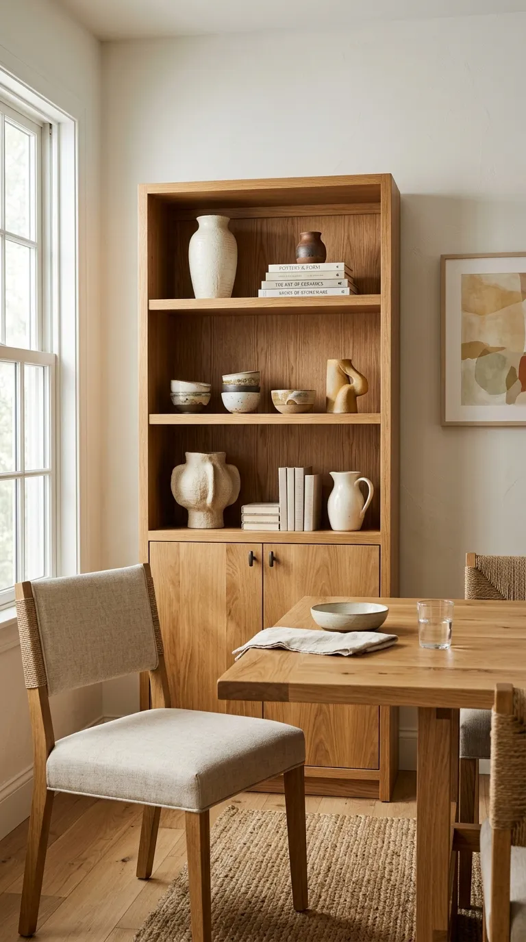 dining room cabinet decor Warm Wood and Ceramic Layers