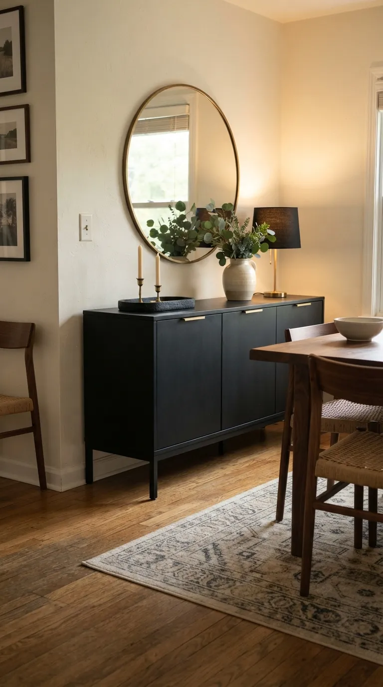 dining room console table decor Black and Brass Contrast