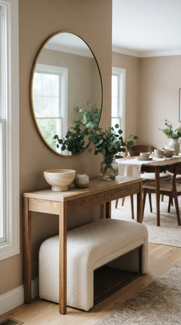 dining room console table decor Round Mirror and Curved Decor
