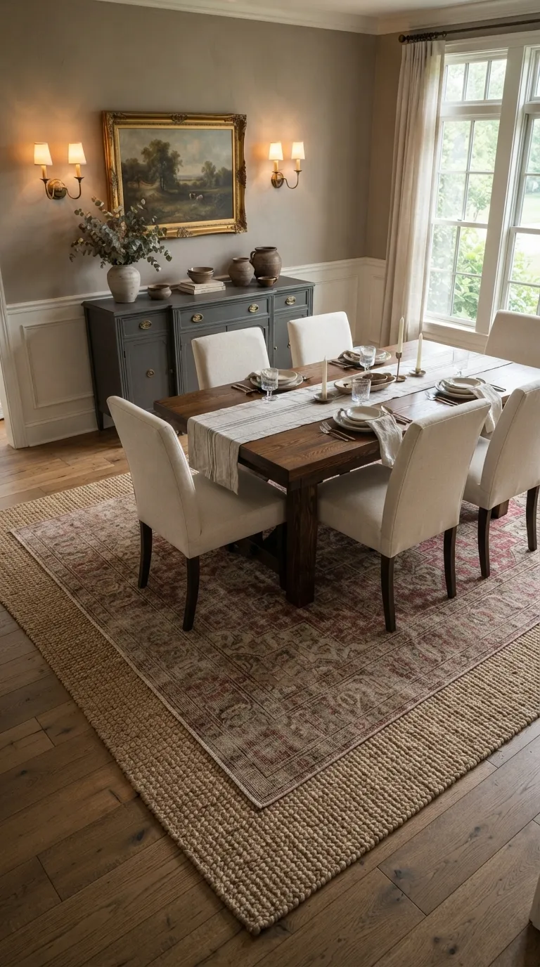 dining room decor traditional Layered Area Rugs