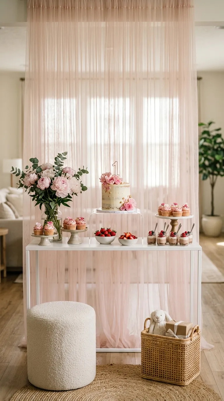 First Birthday Decorations For Girl Pink Tulle Dessert Wall