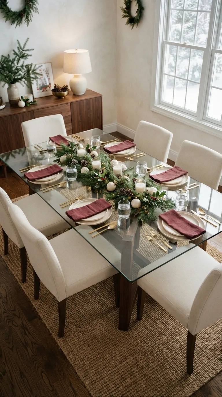 glass dining room table decor Simple Holiday Greens
