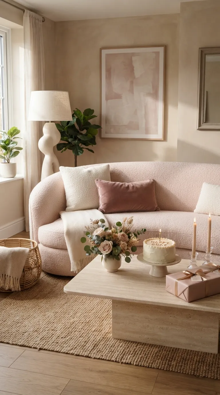 Happy Birthday Living Room Blush Sofa Styling