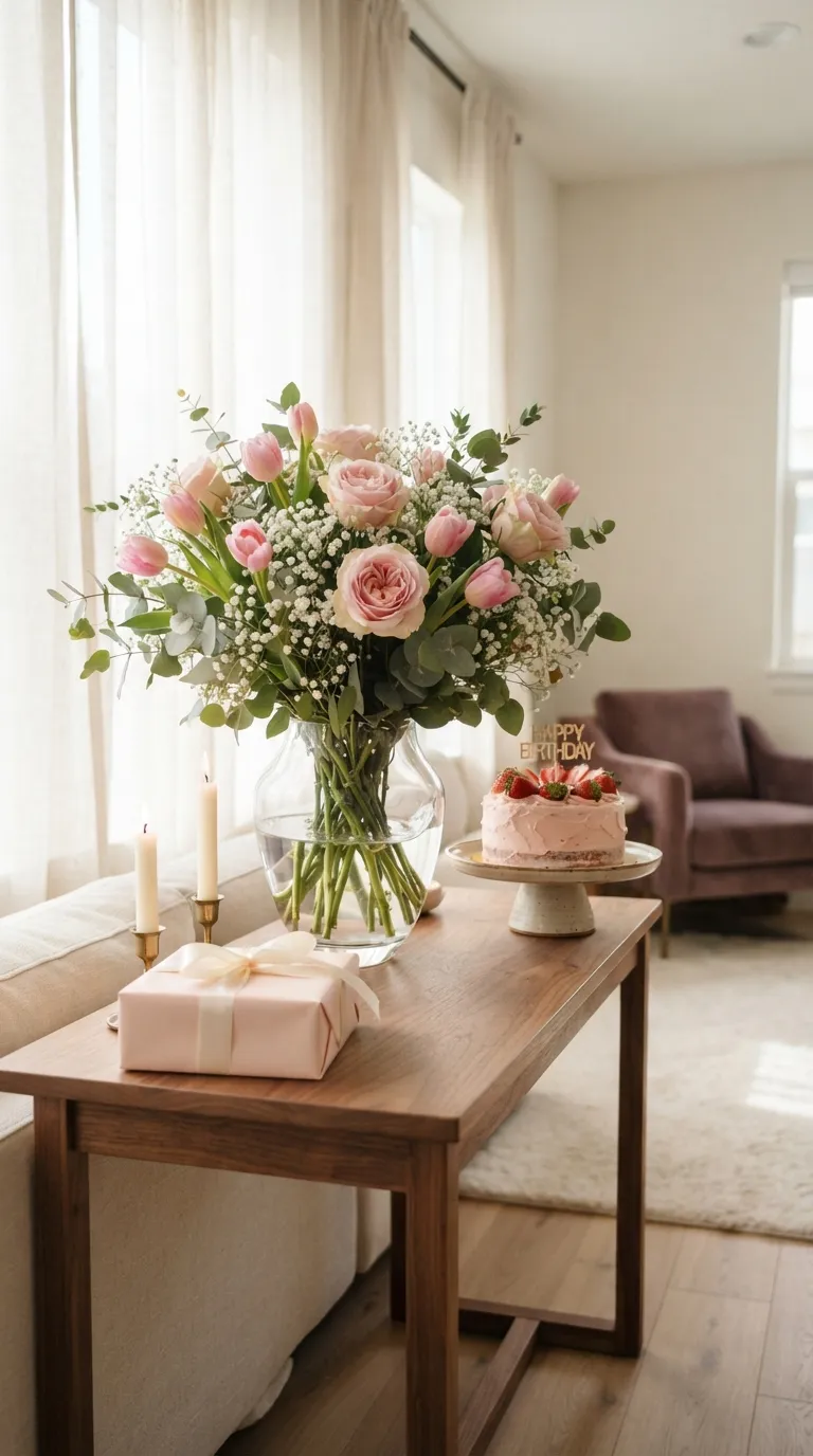 Happy Birthday Living Room Pink Flower Arrangement