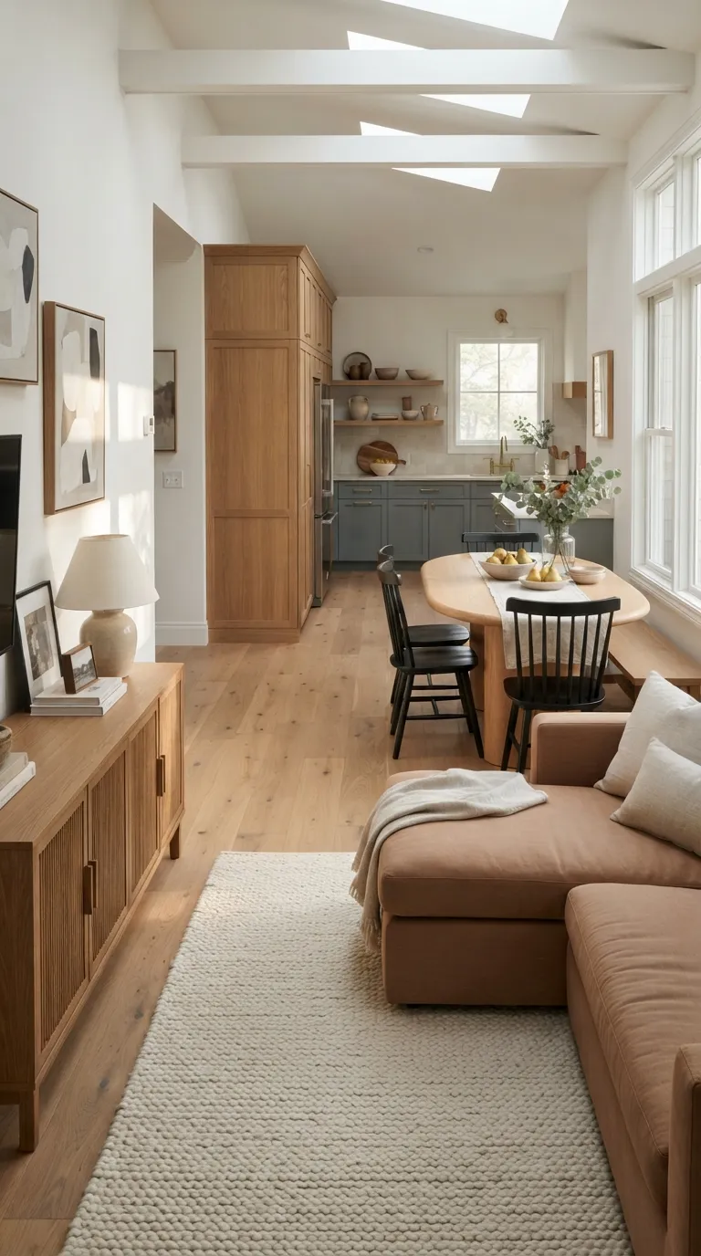 home design trends for open floor plans Repeat One Wood Tone Across Zones