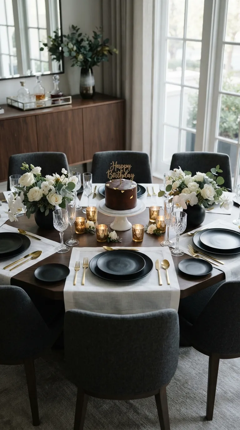 hotel birthday decorations Black, White, and Gold Table Decor
