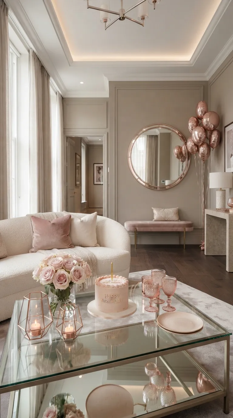 hotel birthday decorations Rose Gold and Blush Accents