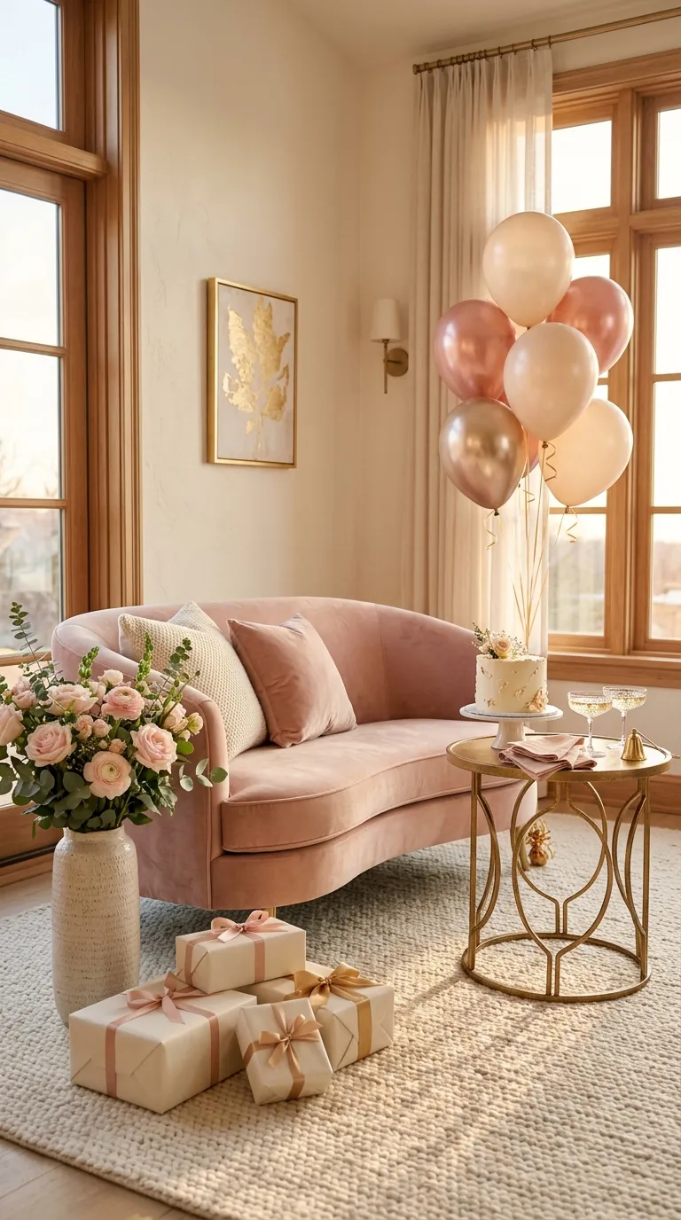House Birthday Decorations Blush And Gold Setup
