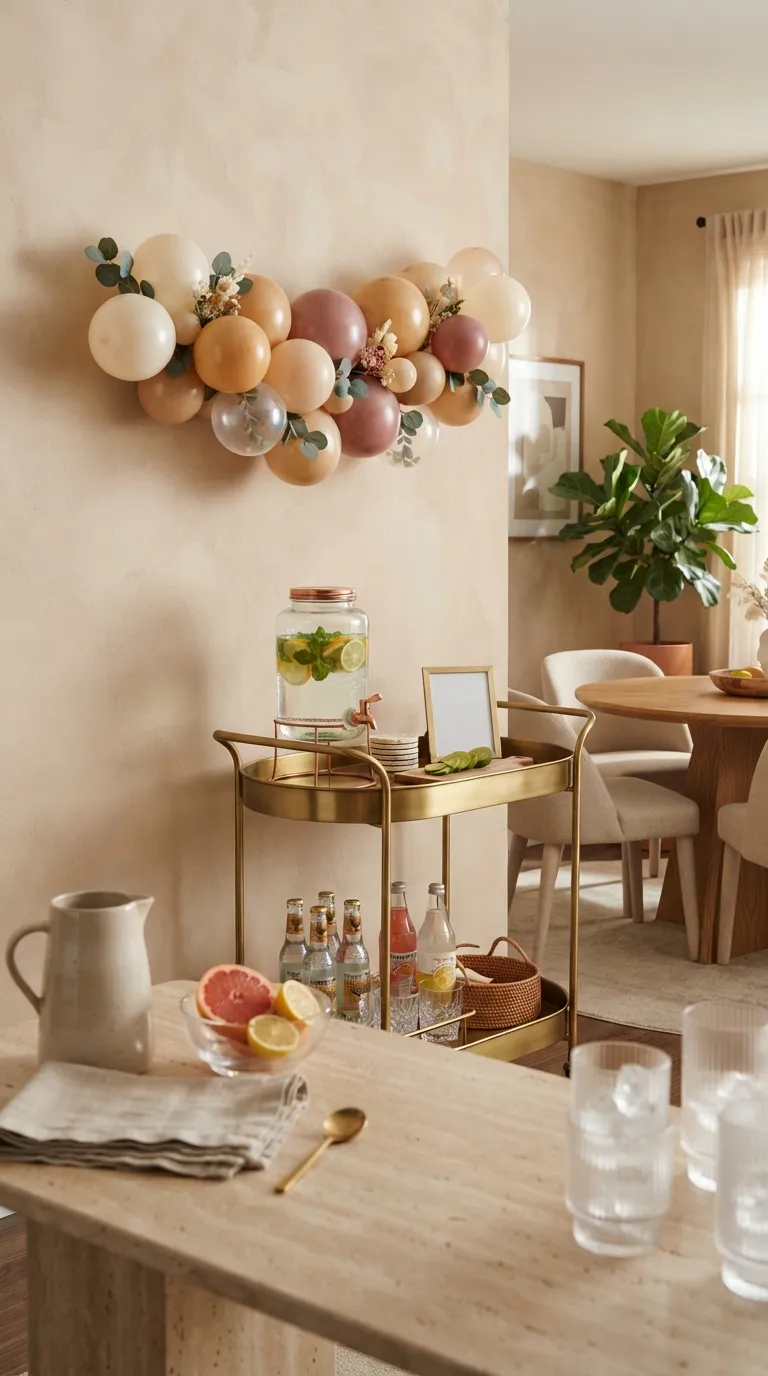 Indoor Balloon Decoration Mini Balloon Garland Above a Bar Cart