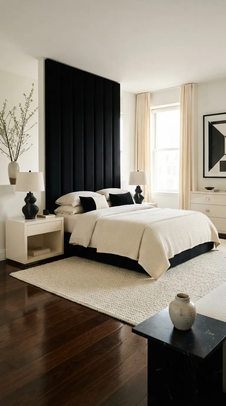 luxury bedroom color ideas Black and Ivory for High Contrast