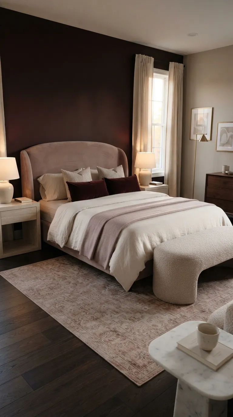luxury bedroom color ideas Deep Burgundy With Blush Neutrals