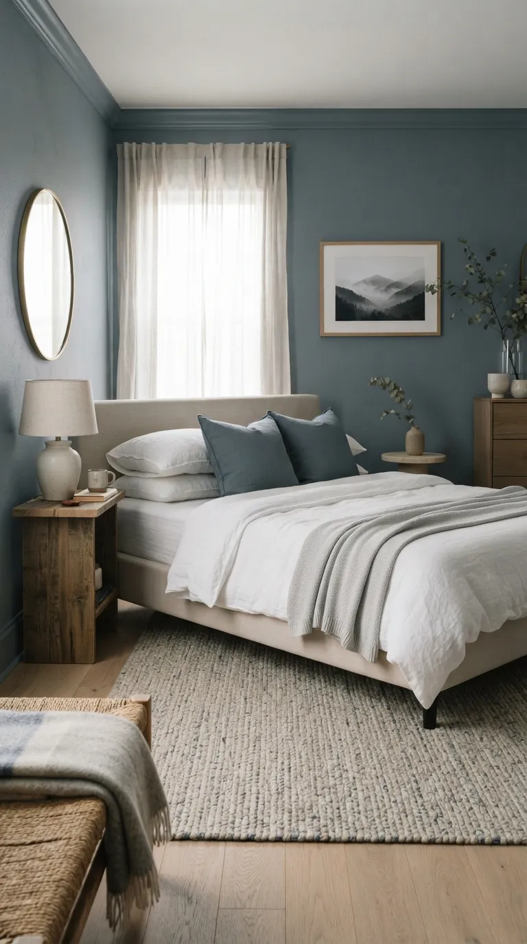 luxury bedroom color ideas Slate Blue With Natural Linen
