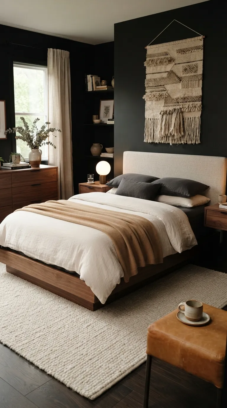 luxury bedroom color ideas Soft Black With Warm Wood