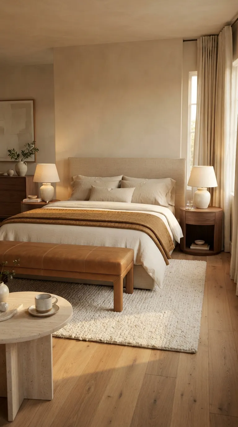 luxury bedroom color ideas Warm Beige With Caramel Accents