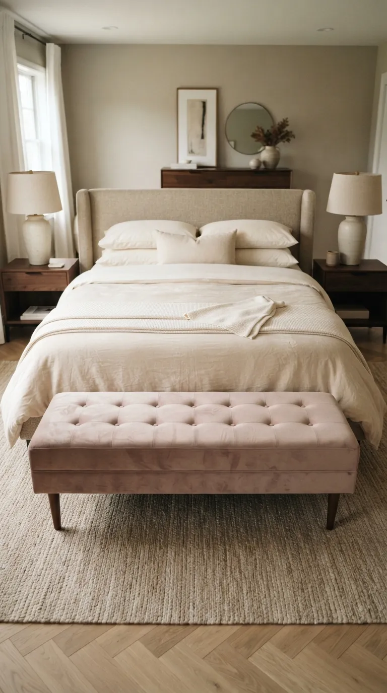 luxury bedroom decor ideas for a feminine aesthetic Bring in a Tufted Bedroom Bench