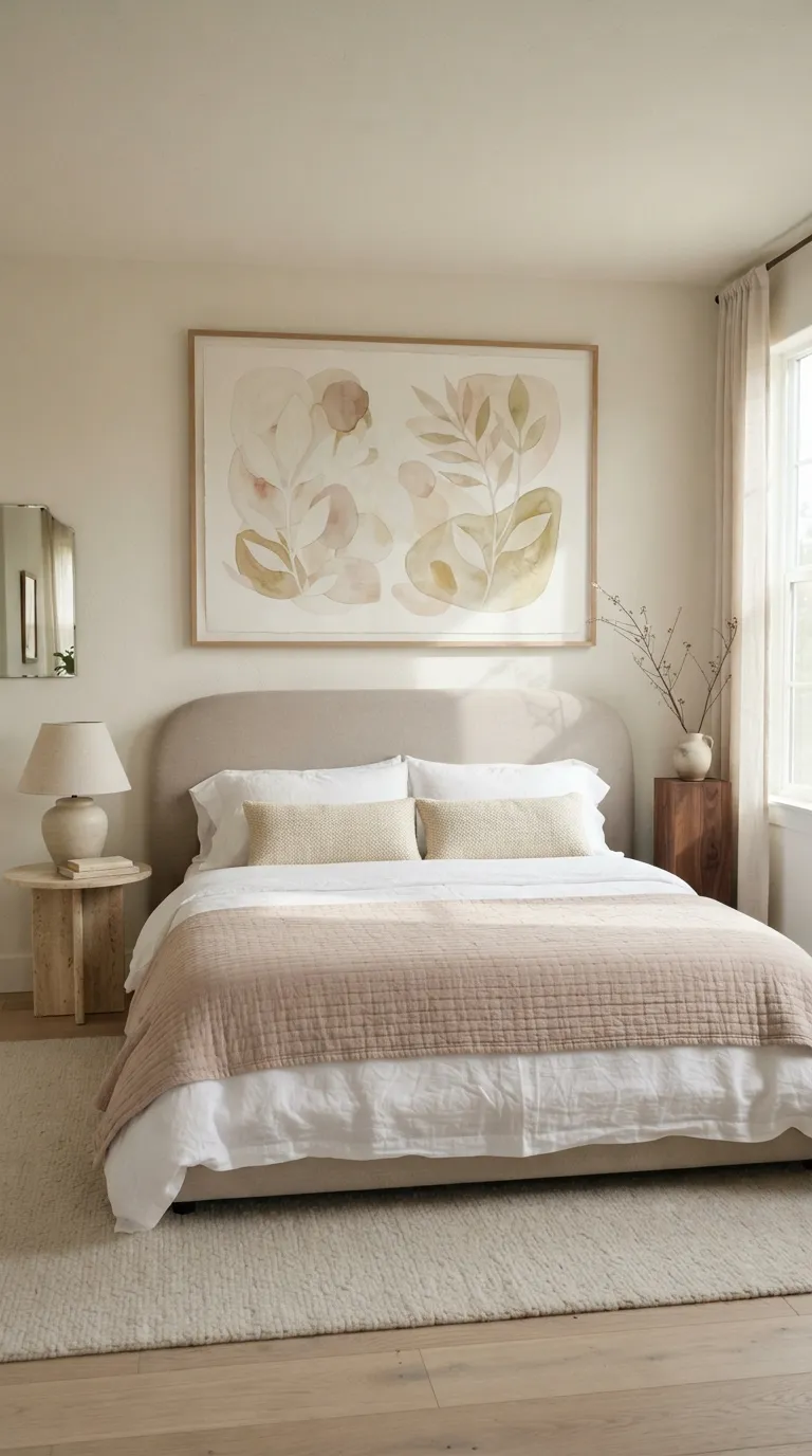 luxury bedroom decor ideas for a feminine aesthetic Display Delicate Art Above the Bed