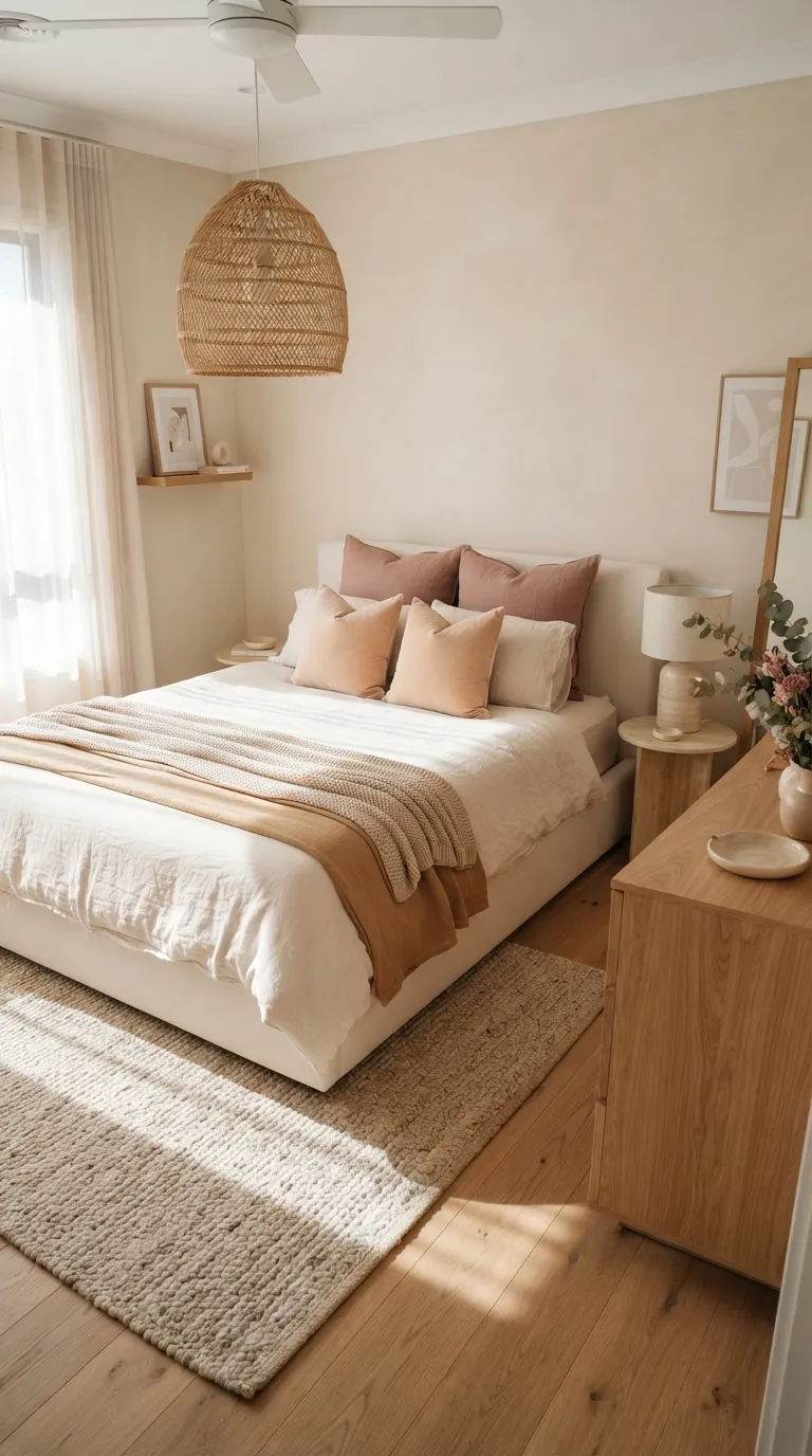 luxury bedroom decor ideas for a feminine aesthetic Layer Blush and Warm Neutrals
