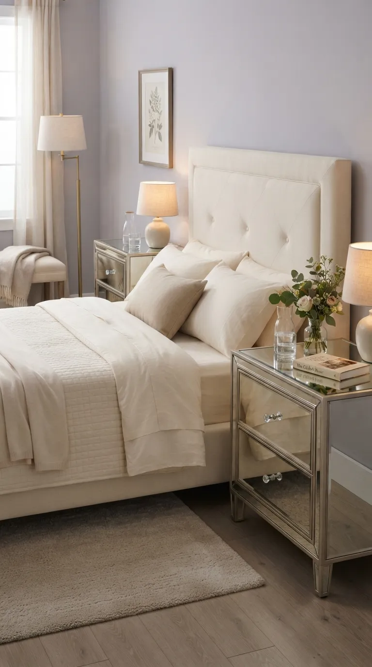 luxury bedroom decor ideas for a feminine aesthetic Use Mirrored Nightstands