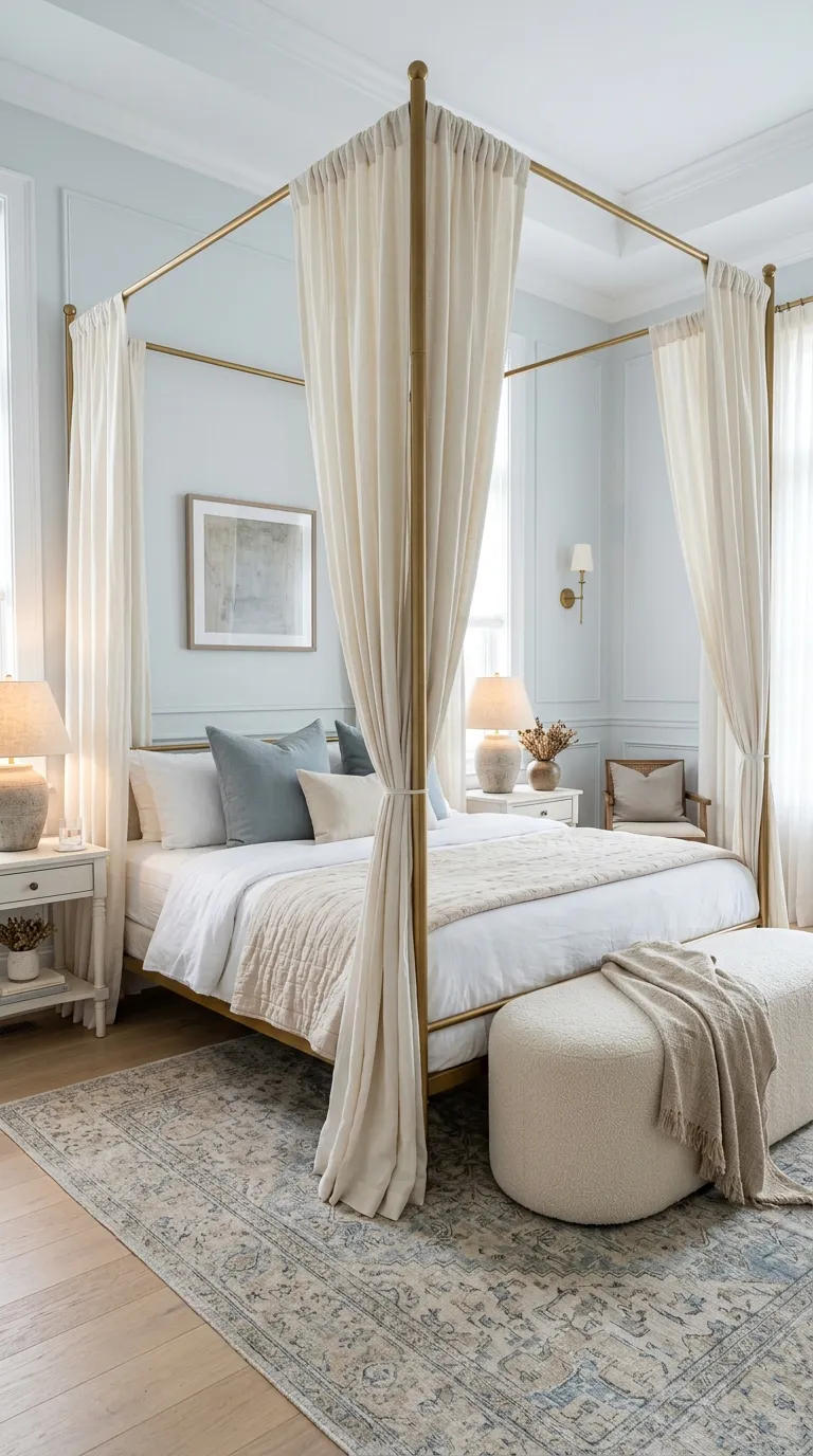 luxury bedroom ideas with gold accents Style a Gold Canopy Bed With Soft Fabrics