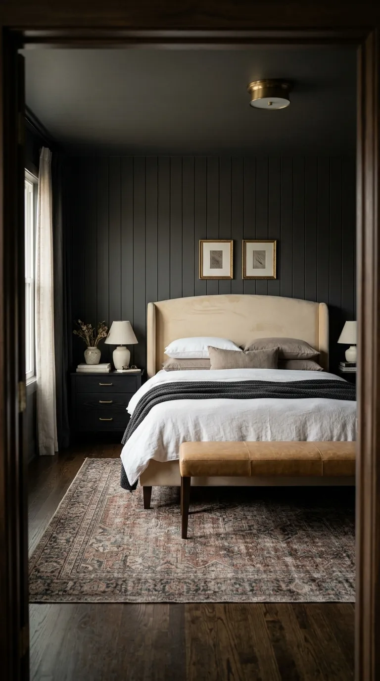 luxury bedroom ideas with gold accents Use Gold Details With Moody Charcoal Walls