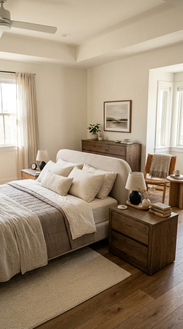 luxury hotel style bedroom decor ideas Mix Wood With Soft Upholstery