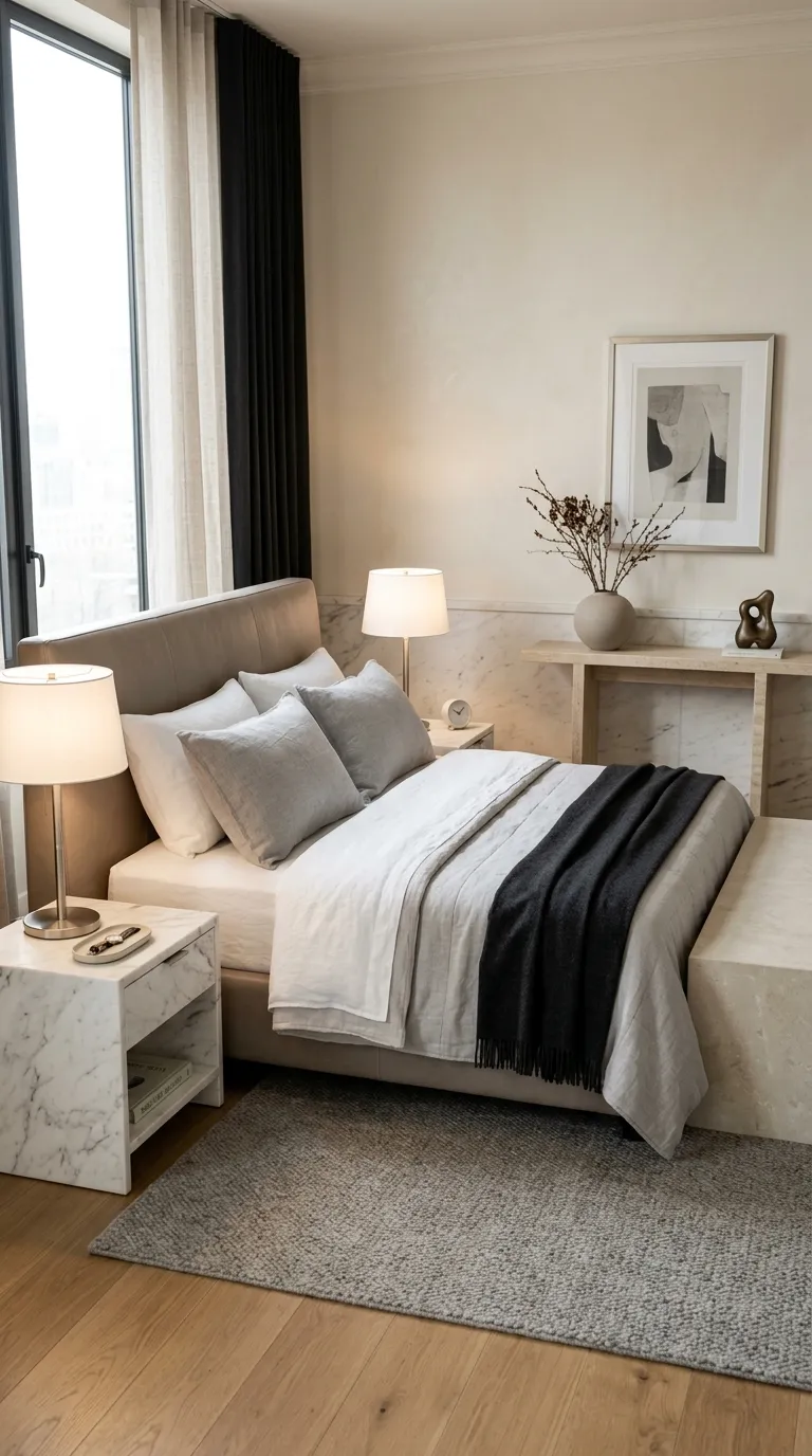 luxury hotel style bedroom decor ideas Use Marble and Stone Accents