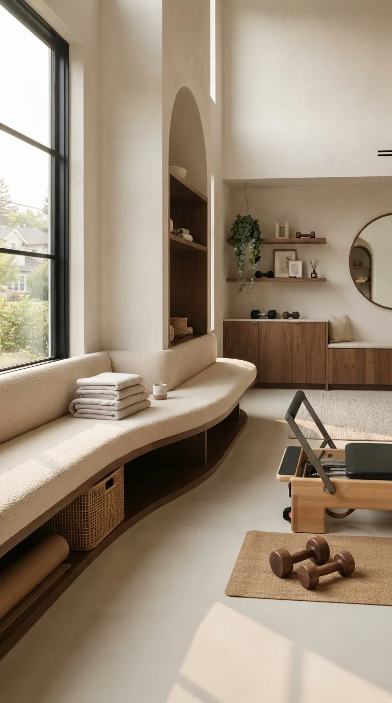 luxury modern home gym ideas Add a Curved Built-In Bench
