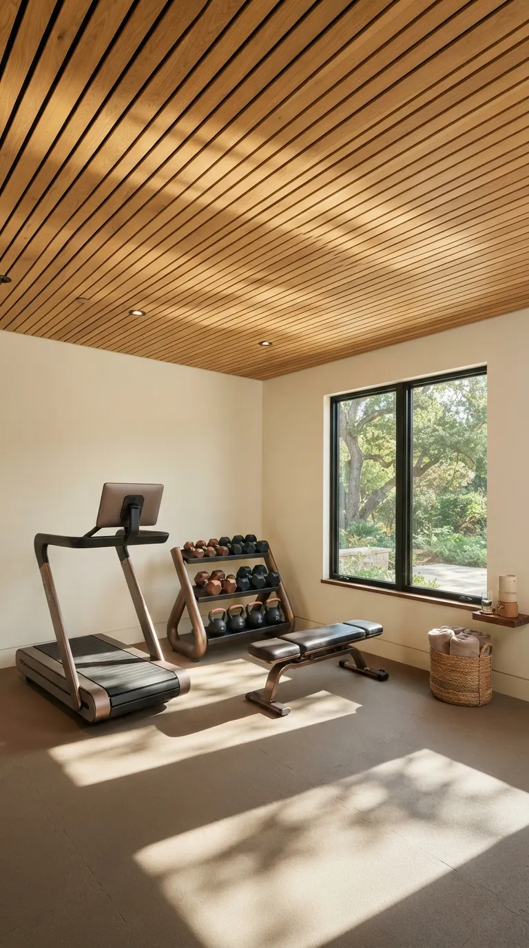 luxury modern home gym ideas Add a Warm Wood Slat Ceiling