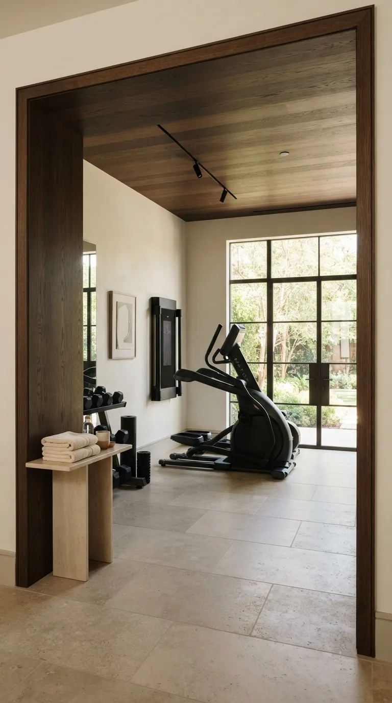 luxury modern home gym ideas Frame the Gym With Dark Oak
