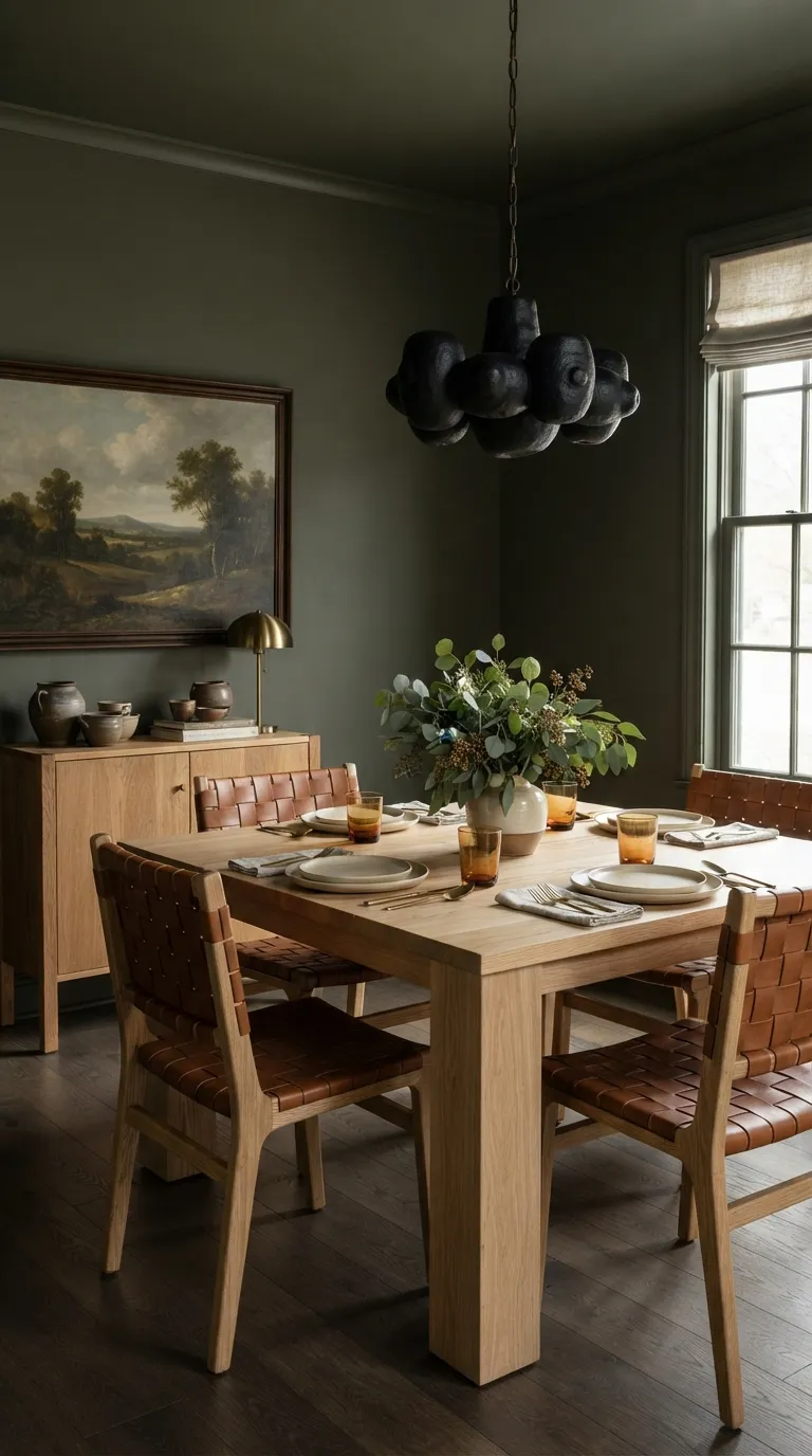 modern farmhouse dining room decor Moody Green Walls
