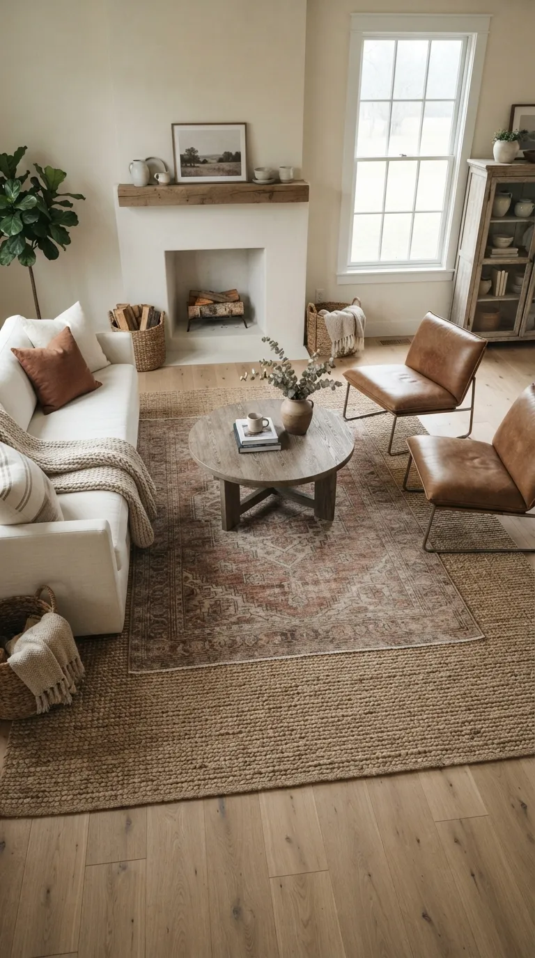 modern farmhouse home design trends Layered Rugs Over Hard Flooring