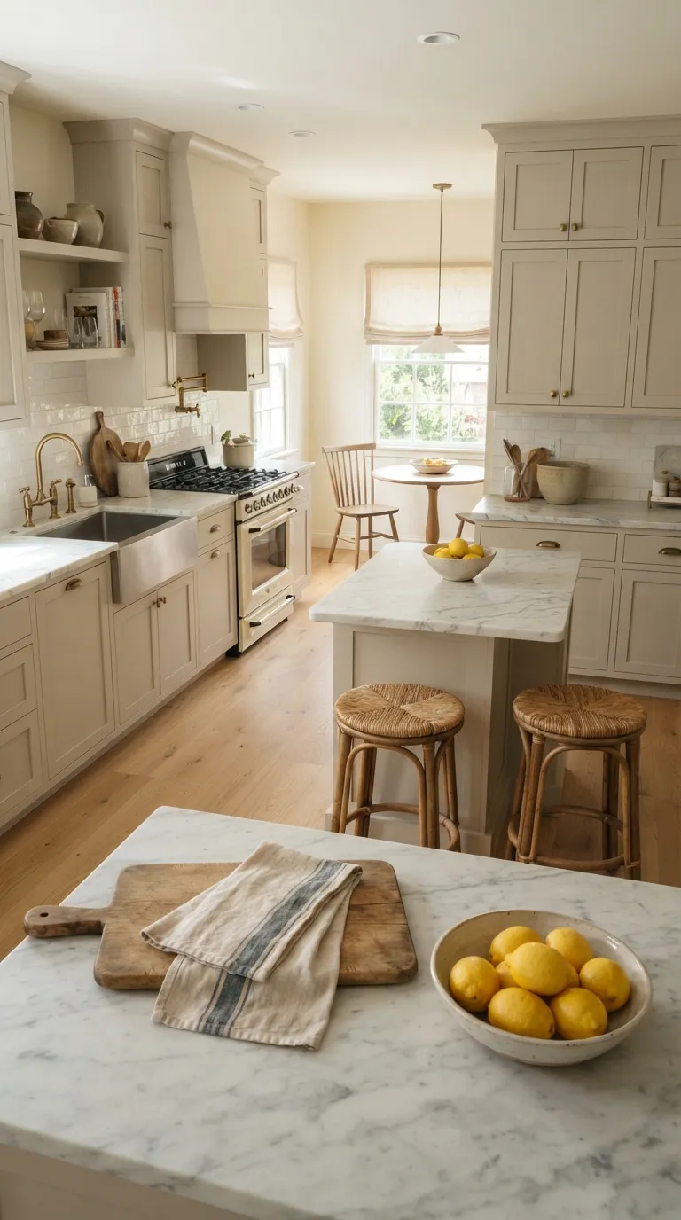 modern farmhouse home design trends Soft Greige Cabinetry For A Cozy Kitchen