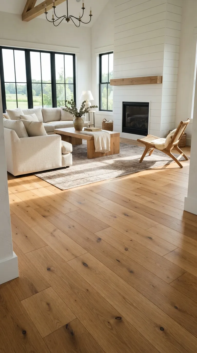 modern farmhouse home design trends Warm Oak Flooring With Wide Planks