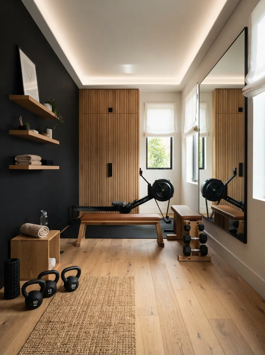 modern home gym color ideas Black and Natural Oak