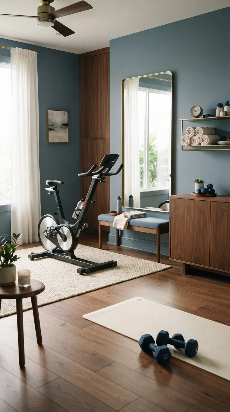 modern home gym color ideas Slate Blue and Walnut