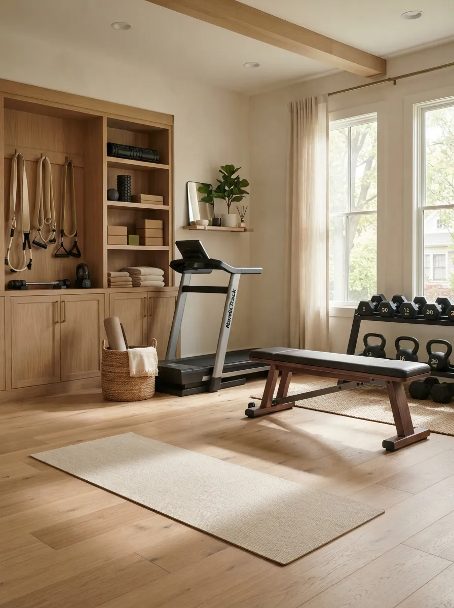 modern home gym color ideas Warm Ivory and Wood