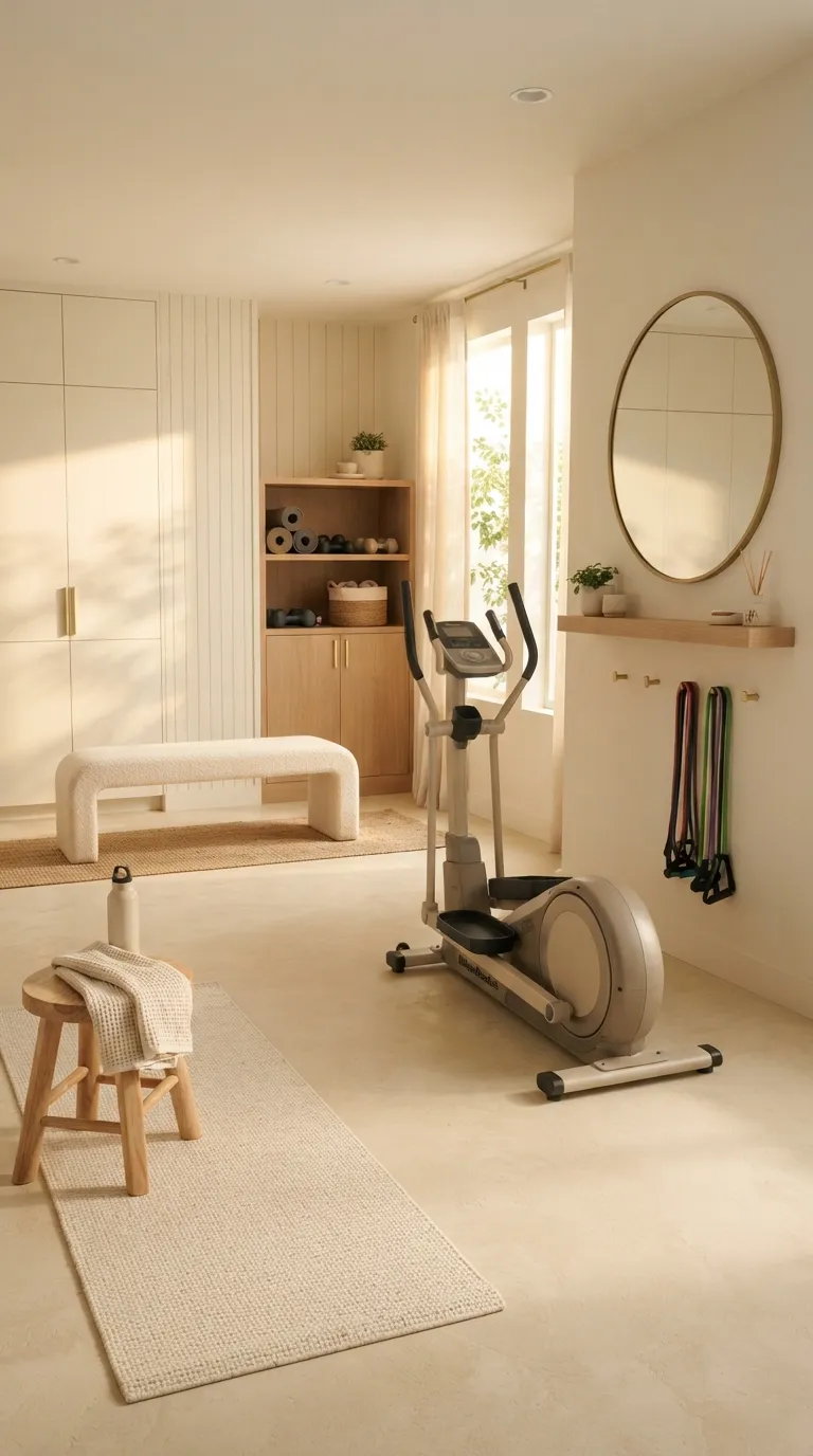 modern home gym color ideas Warm White and Brass
