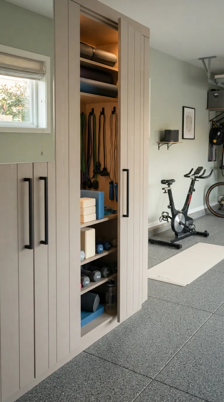 modern home gym ideas for garages Hidden Equipment Cabinet