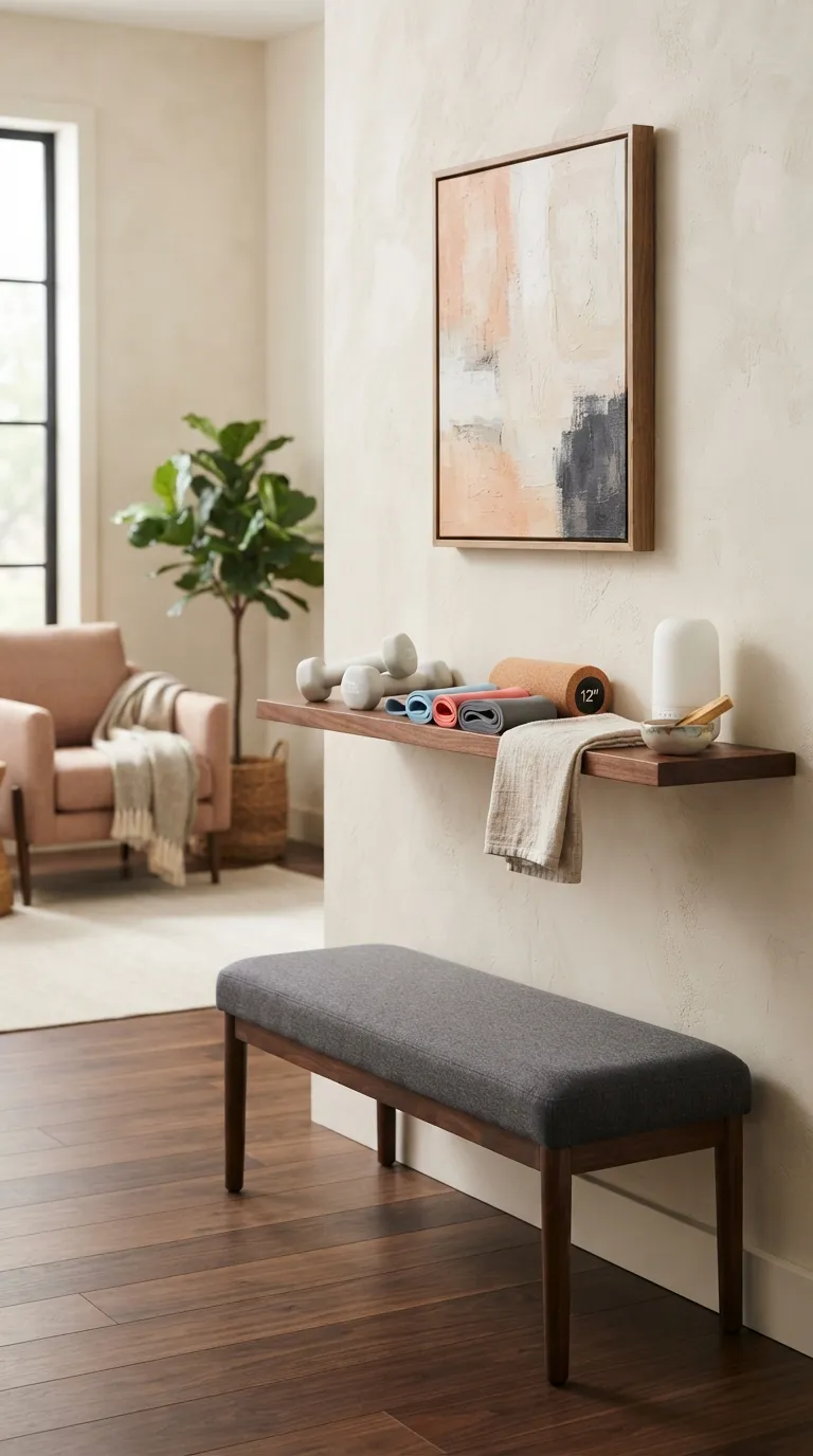 modern home gym ideas for small spaces Add a Floating Shelf for Small Equipment