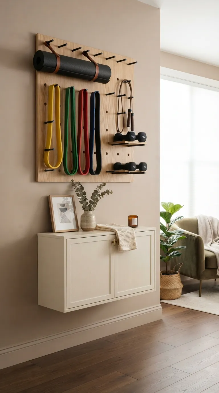 modern home gym ideas for small spaces Install Wall-Mounted Storage for Workout Gear