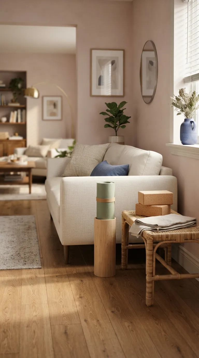 modern home gym ideas for small spaces Place a Yoga Mat Beside the Sofa