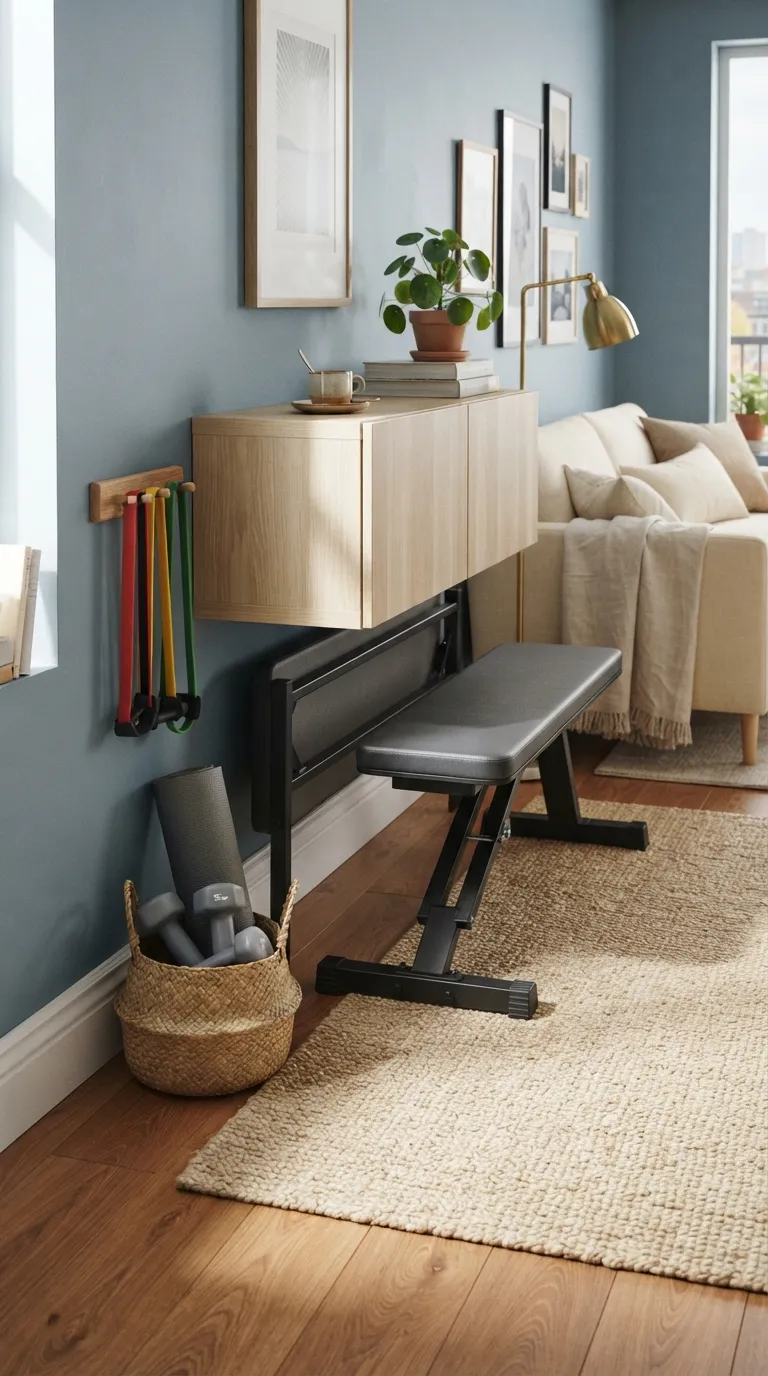 modern home gym ideas for small spaces Use a Foldable Bench for Flexible Workouts
